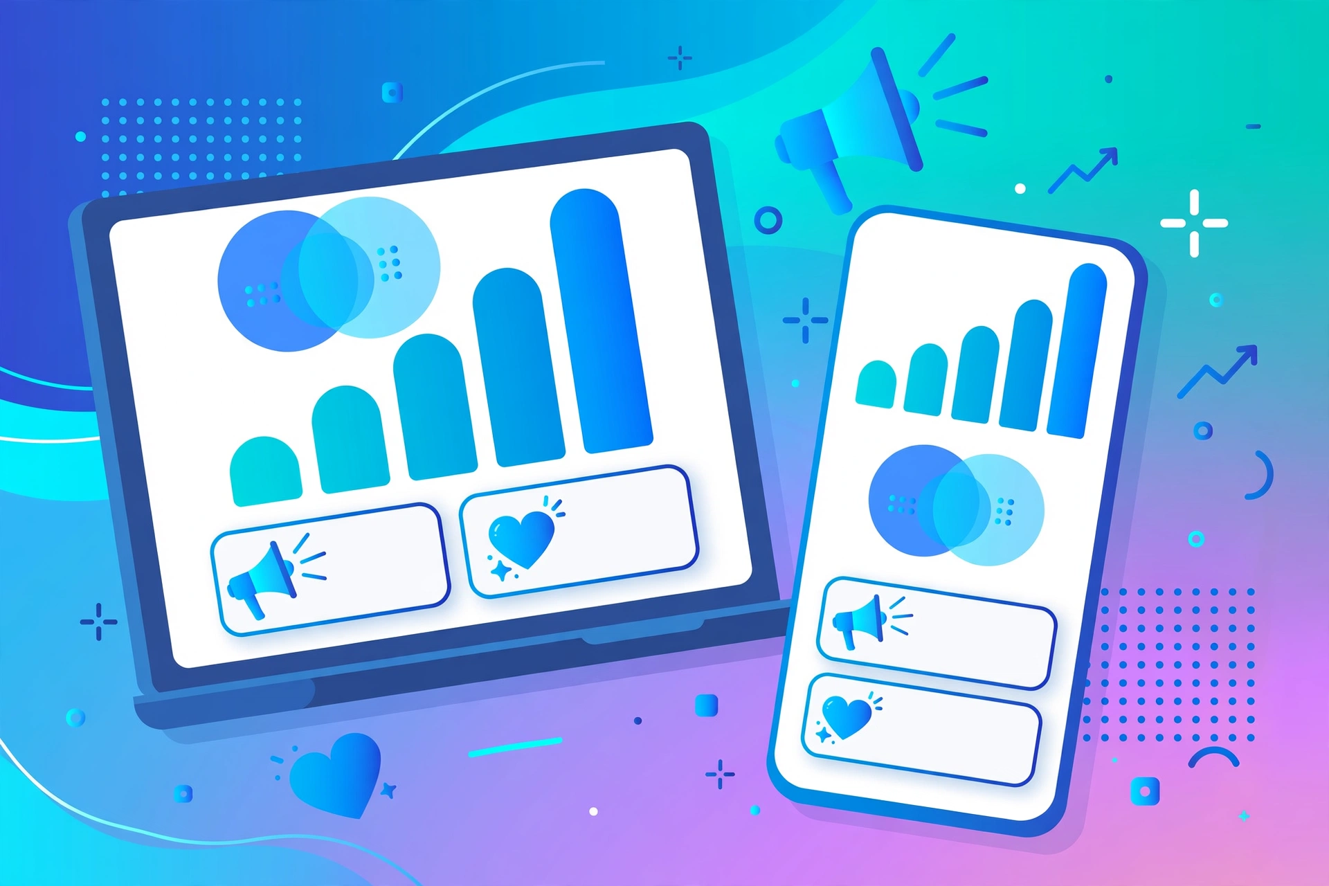 Colourful Facebook advertising dashboard illustration with rising charts