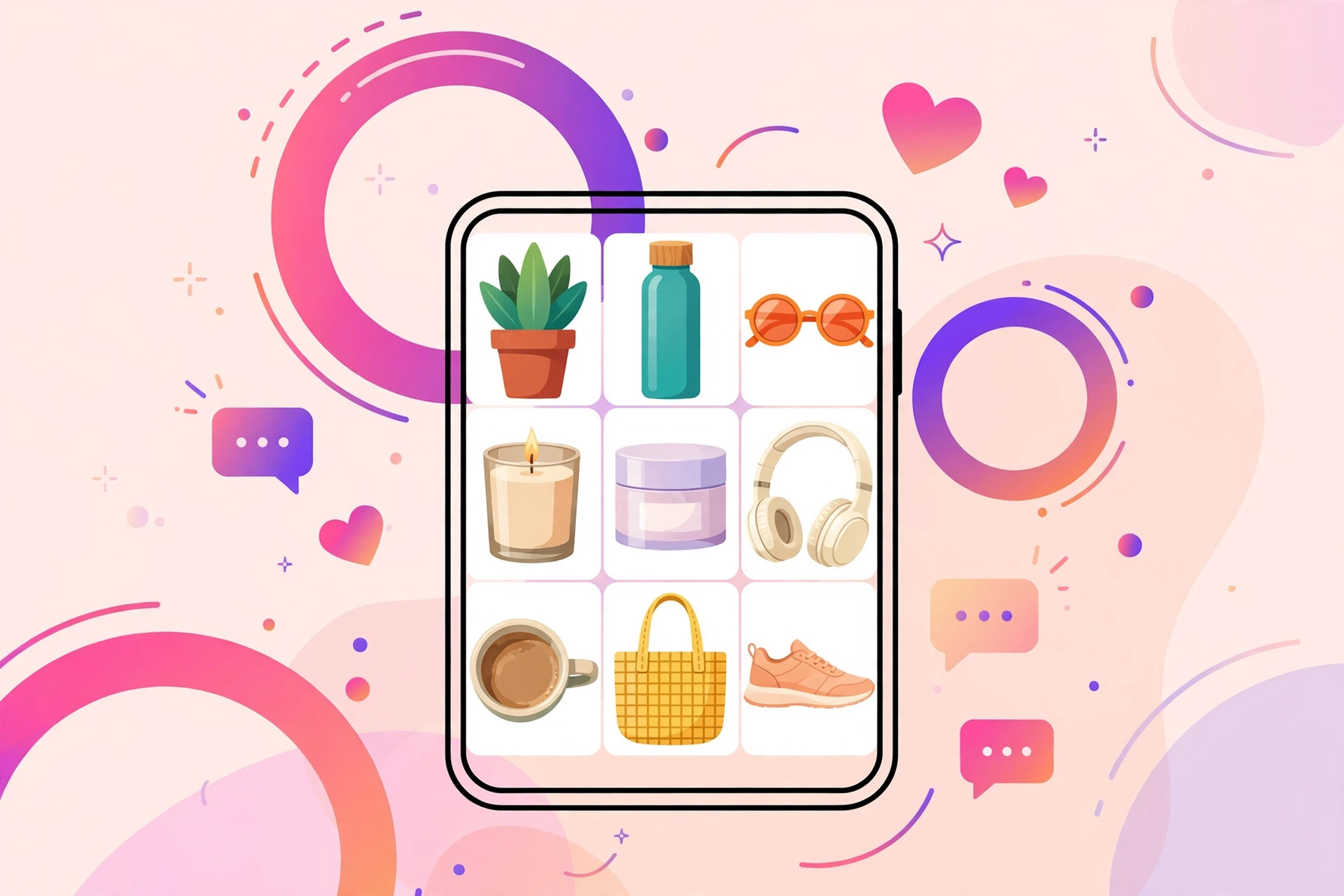 Colourful Instagram advertising illustration with a phone showing product photos