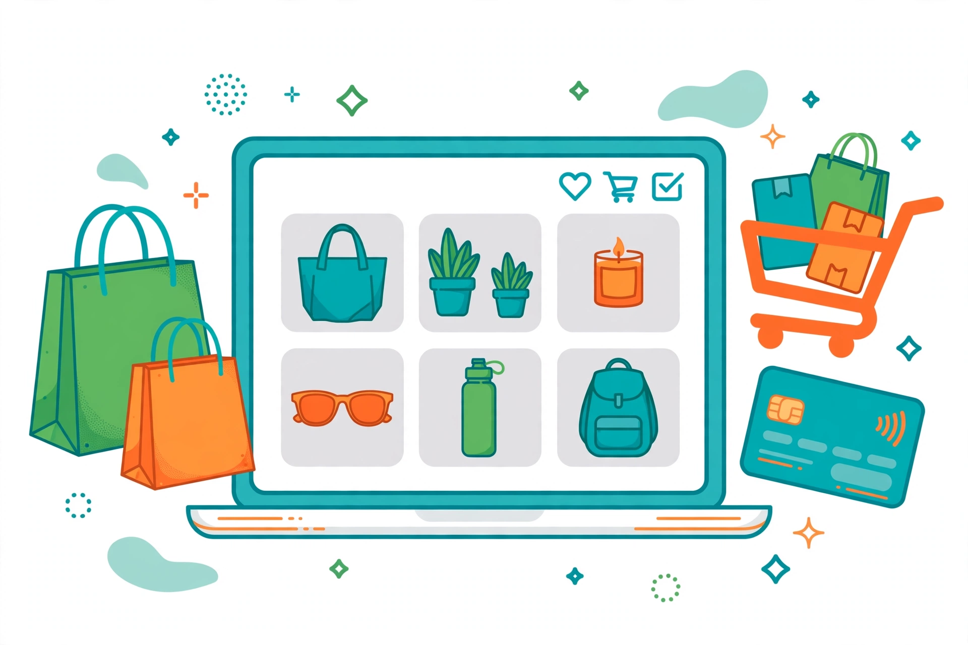 Colourful online store illustration with shopping bags and a checkout cart